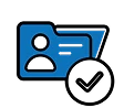 Blue folder icon featuring a checkmark and a person’s head silhouette, symbolizing completed applicant files or verified background check results.