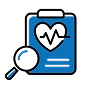 Clipboard icon with a heart and pulse line, alongside a magnifying glass, symbolizing a health screening or medical background check under review.
