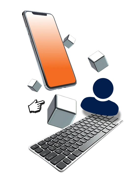 Data collage featuring icons of a database, phone, person, and silver blocks, representing interconnected elements of communication, identity, and information management.