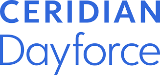 Ceridian Dayforce logo featuring bold blue text with a modern typeface and a distinctive geometric icon, representing the company’s cloud-based human capital management and payroll software solutions