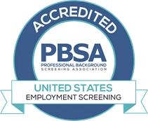 Accredited PBSA logo featuring bold blue and gold elements, symbolizing official accreditation by the Professional Background Screening Association for meeting rigorous industry standards.