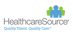 HealthcareSource logo featuring clean, modern blue text with a stylized arrow or checkmark, representing the company’s talent management and workforce solutions for the healthcare industry