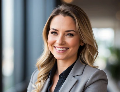 Professional headshot of a smiling blonde businesswoman, dressed in business attire, conveying confidence, approachability, and professionalism.