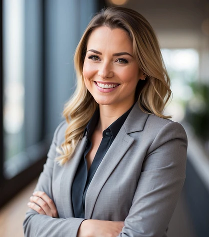 Professional headshot of a smiling blonde businesswoman, dressed in business attire, conveying confidence, approachability, and professionalism.